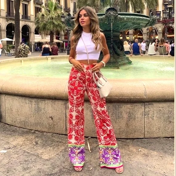 Zara * satin red printed wide leg pants Size XS - Picture 3 of 13